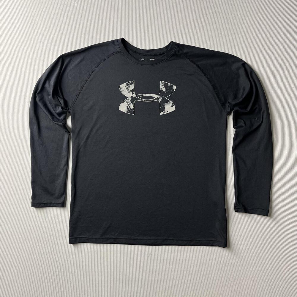 Under Armour Shirt Youth L Black HeatGear Long Sleeve Logo Athletic Tee Loose
